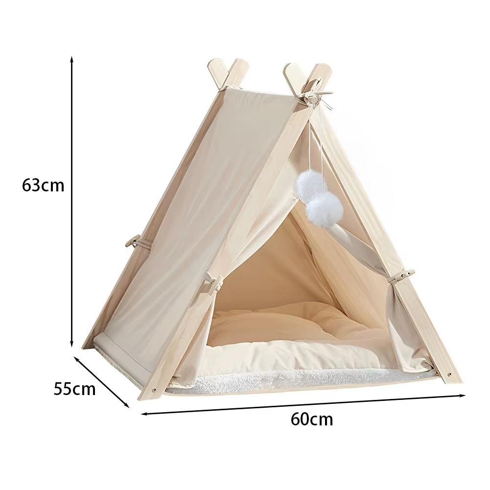 Cozy Pet Tent Teepee with Thick Cushion, Wooden Frame, Warm, Breathable, and Washable for Cats and Small Dogs
