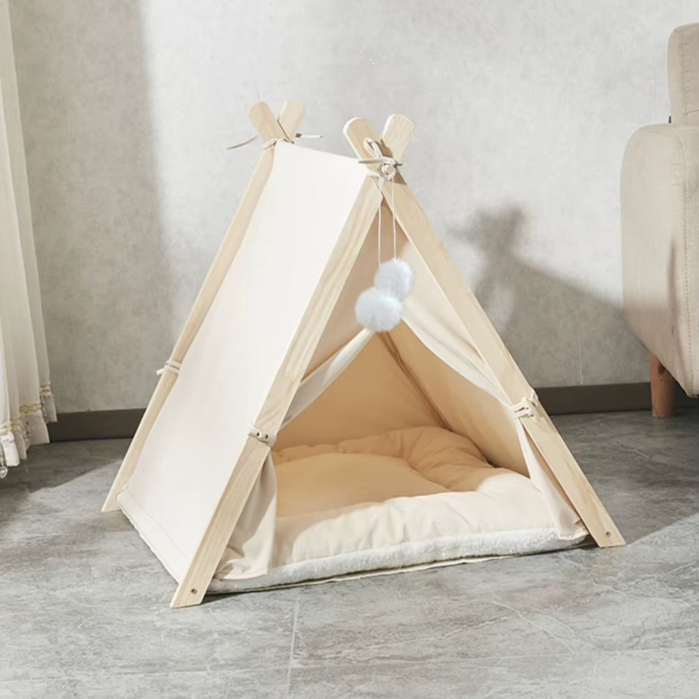 Cozy Pet Tent Teepee with Thick Cushion, Wooden Frame, Warm, Breathable, and Washable for Cats and Small Dogs