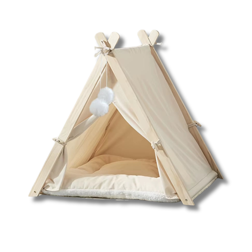 Cozy Pet Tent Teepee with Thick Cushion, Wooden Frame, Warm, Breathable, and Washable for Cats and Small Dogs