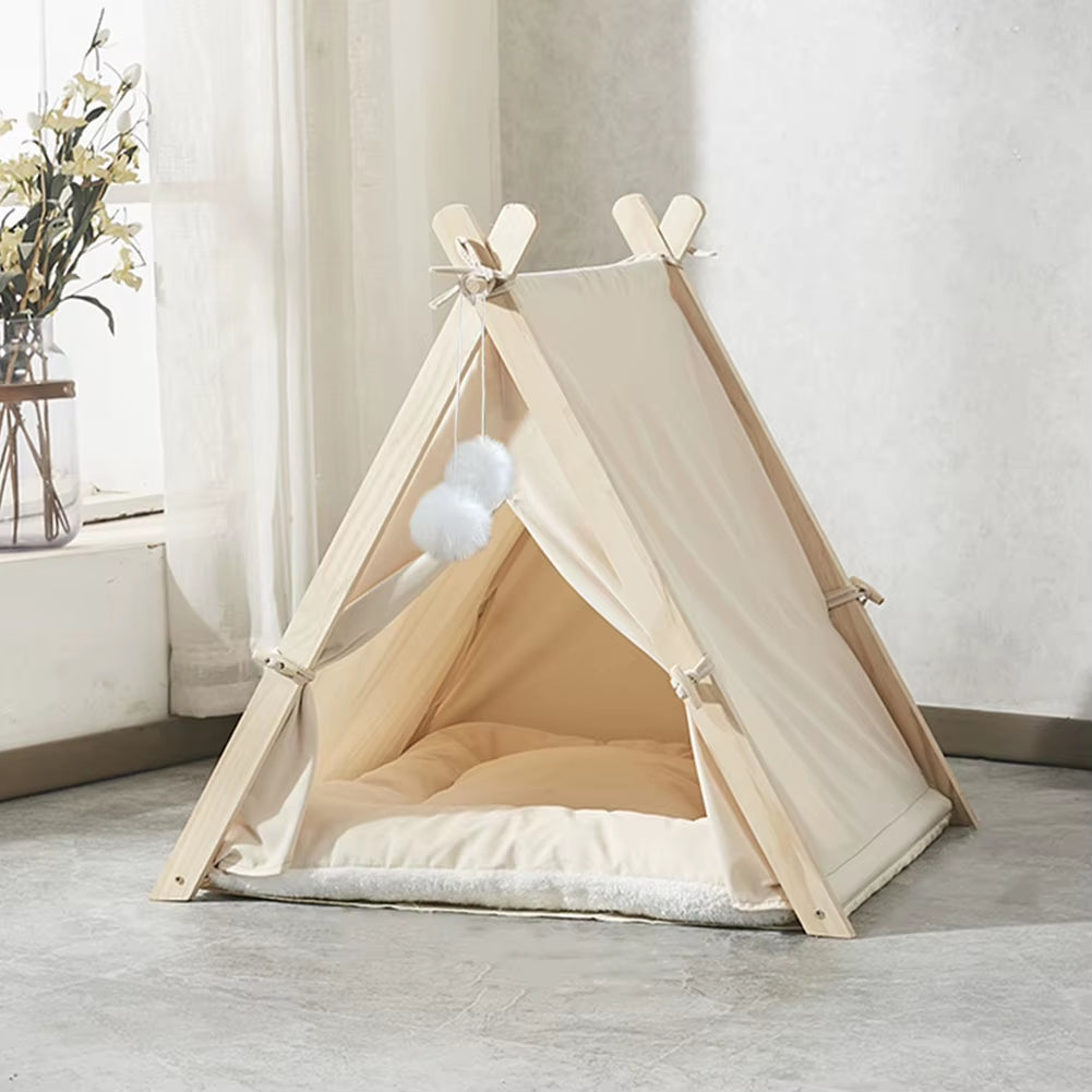 Cozy Pet Tent Teepee with Thick Cushion, Wooden Frame, Warm, Breathable, and Washable for Cats and Small Dogs