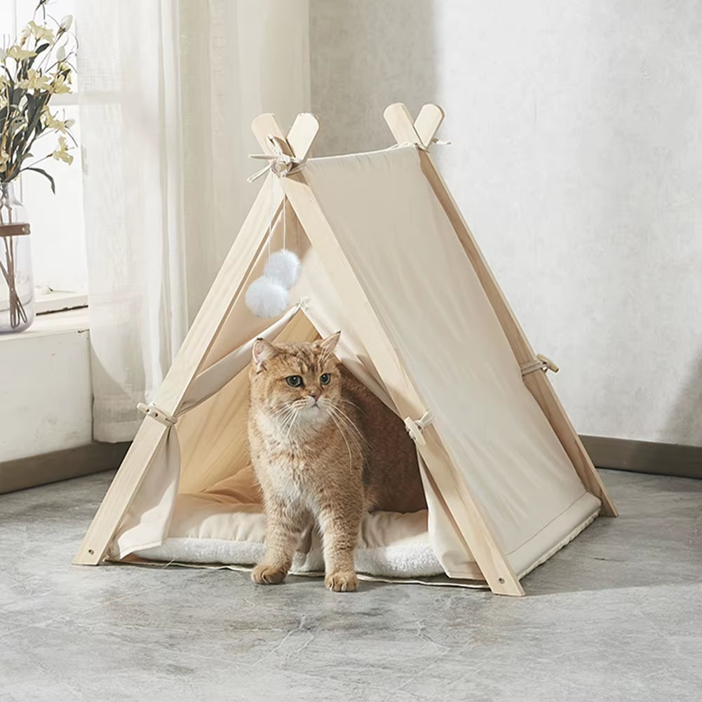 Cozy Pet Tent Teepee with Thick Cushion, Wooden Frame, Warm, Breathable, and Washable for Cats and Small Dogs