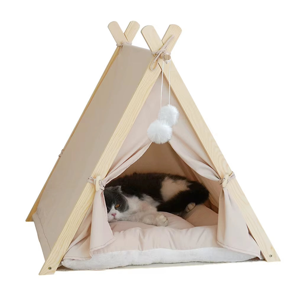 Cozy Pet Tent Teepee with Thick Cushion, Wooden Frame, Warm, Breathable, and Washable for Cats and Small Dogs
