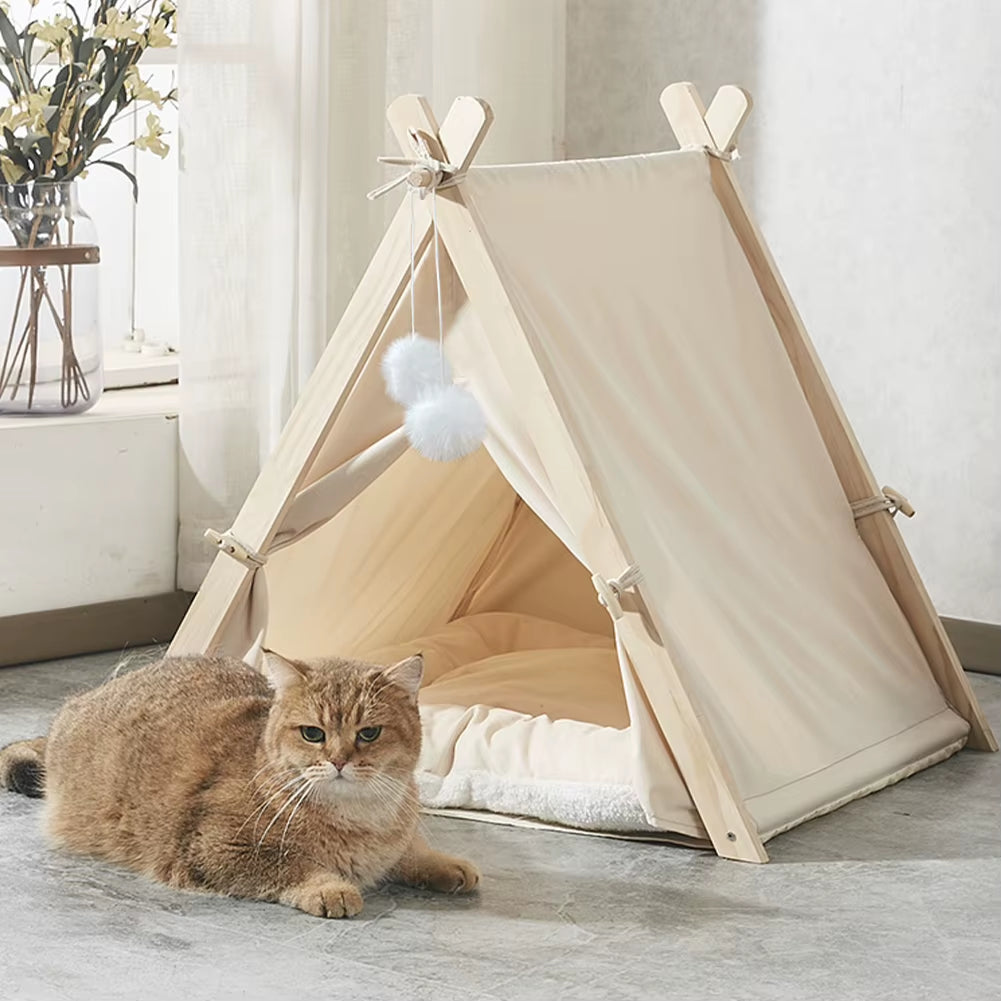 Cozy Pet Tent Teepee with Thick Cushion, Wooden Frame, Warm, Breathable, and Washable for Cats and Small Dogs